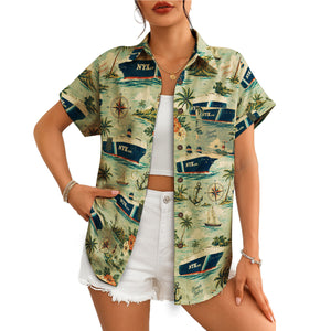 Sage green steamship print short sleeve shirt on wood hanger variant 4