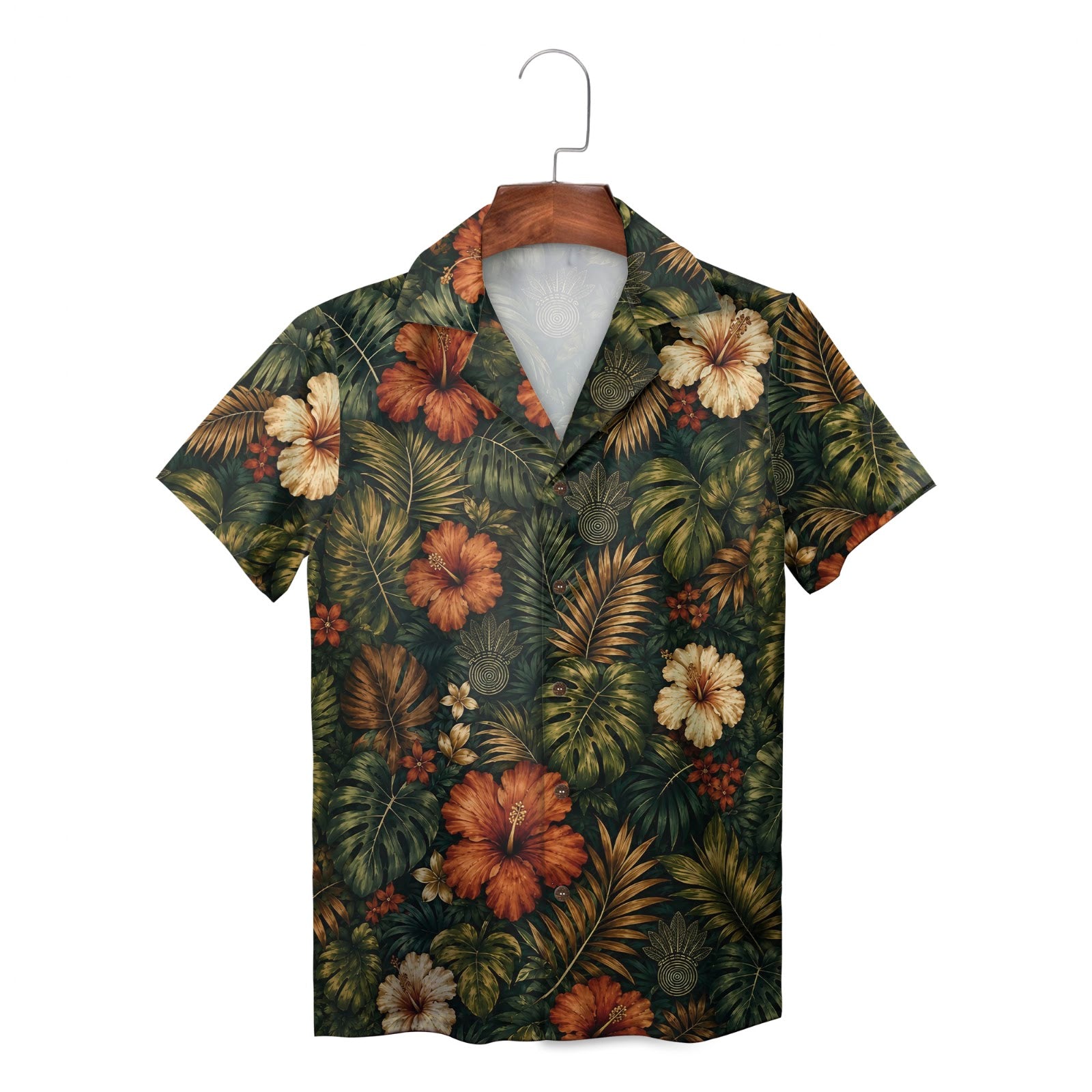 Dark green tropical shirt with rust and cream hibiscus blooms