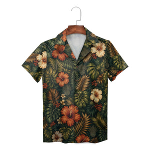 Dark green tropical shirt with rust and cream hibiscus blooms