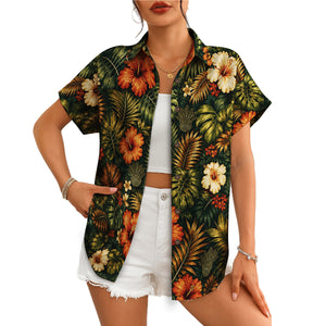 Dark green tropical shirt with rust and cream hibiscus blooms variant 10