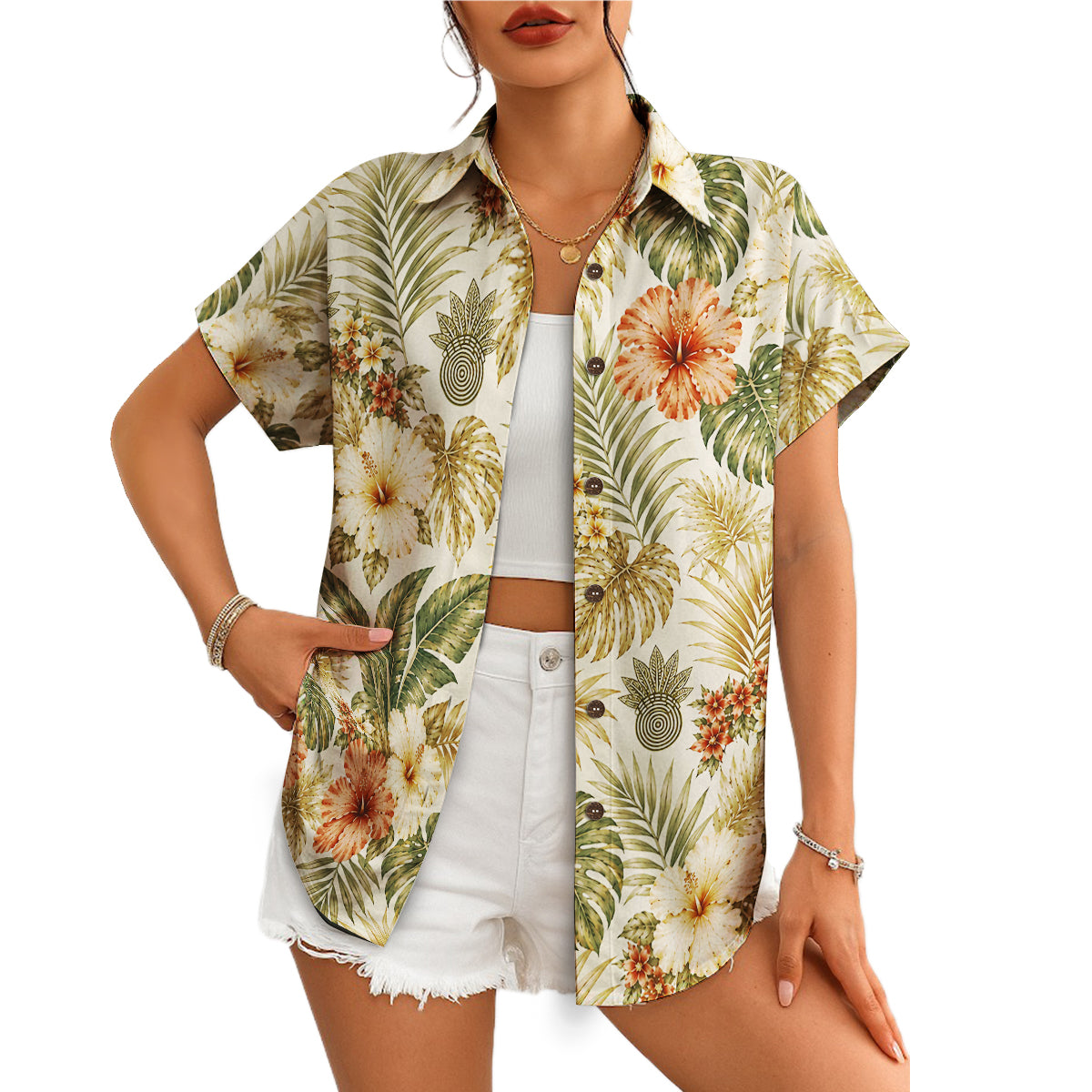 Dark green tropical shirt with rust and cream hibiscus blooms variant 11