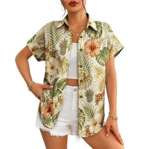 Dark green tropical shirt with rust and cream hibiscus blooms variant 11