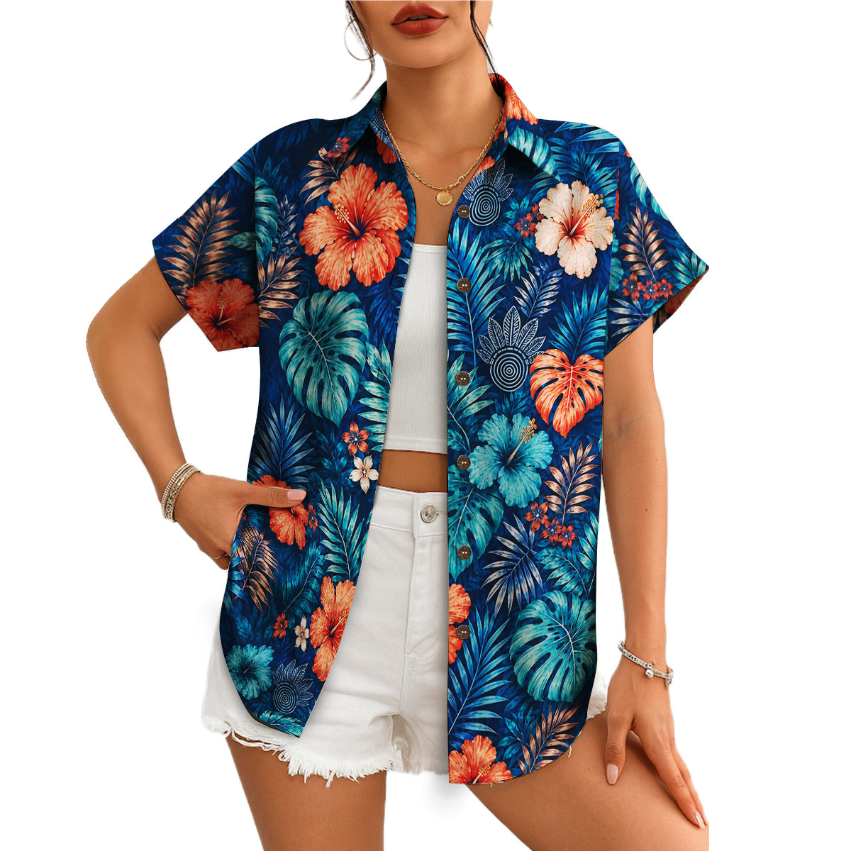 Dark green tropical shirt with rust and cream hibiscus blooms variant 12