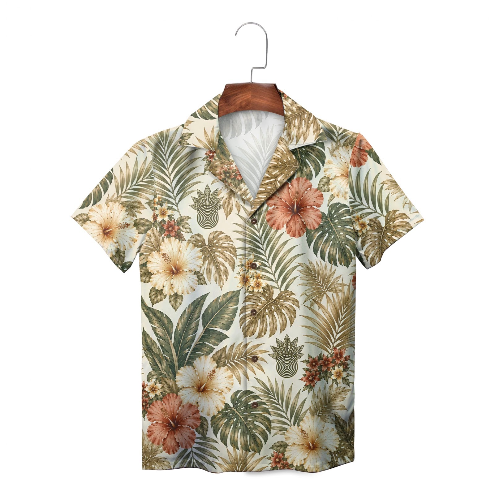 Dark green tropical shirt with rust and cream hibiscus blooms variant 2