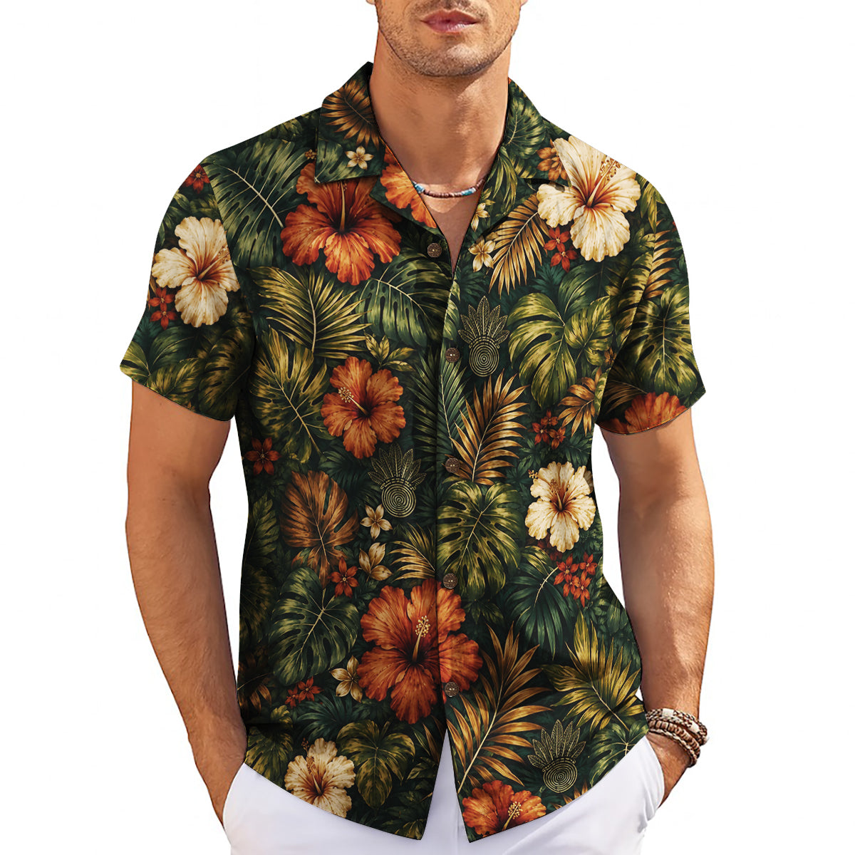 Dark green tropical shirt with rust and cream hibiscus blooms variant 7