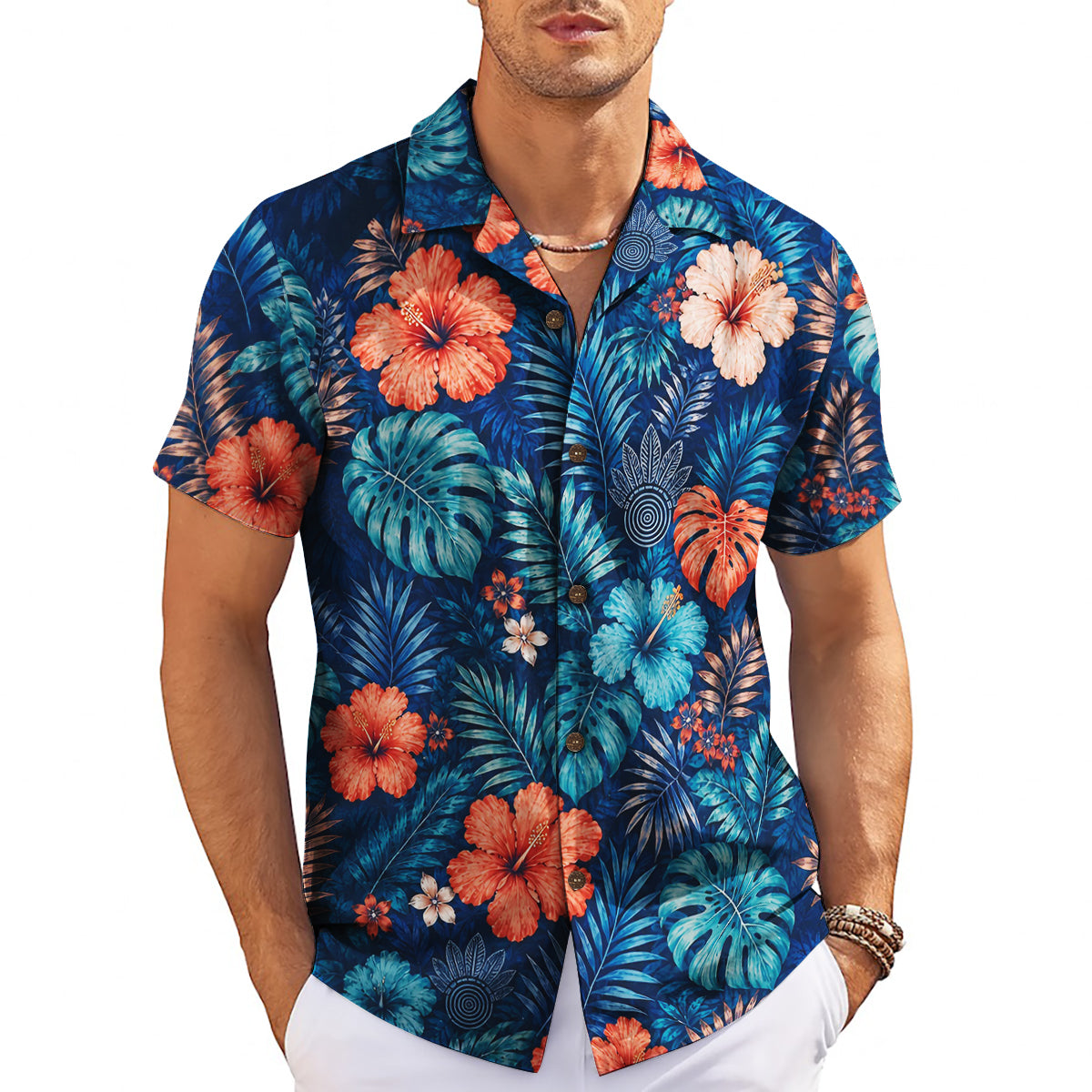Dark green tropical shirt with rust and cream hibiscus blooms variant 9