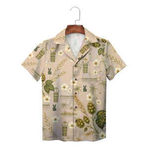 Beige camp shirt showing tiki mugs hops blossoms rabbits