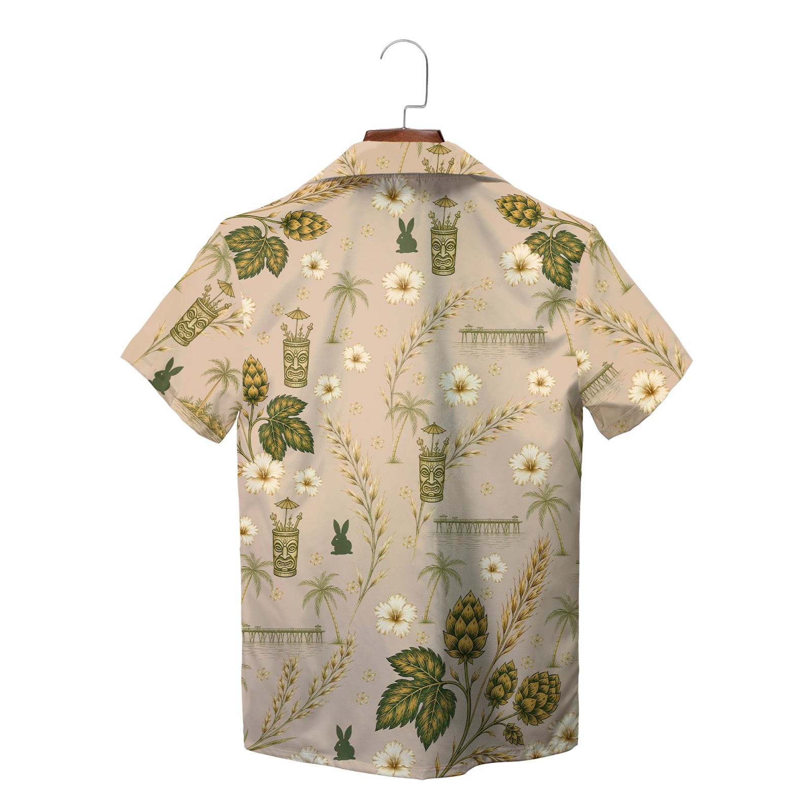 Beige camp shirt showing tiki mugs hops blossoms rabbits variant 2