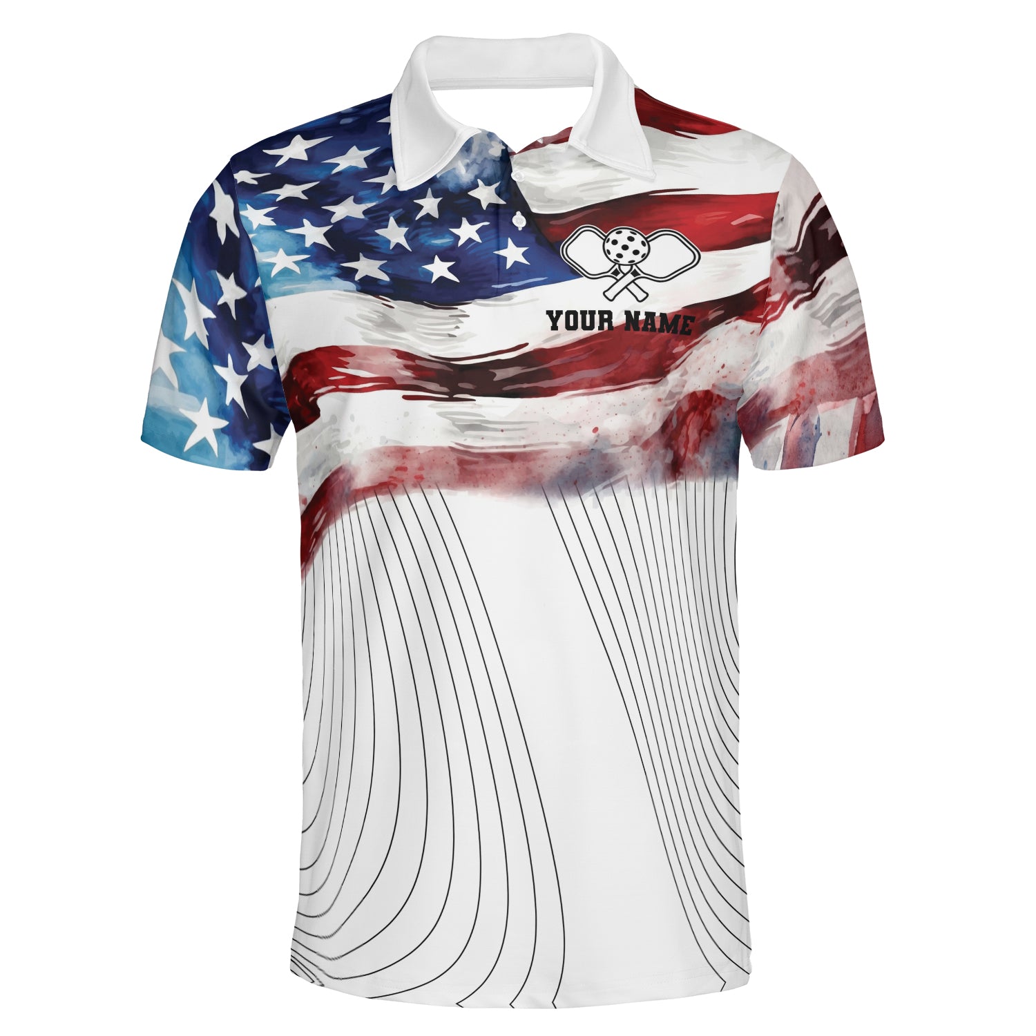 Patriotic watercolor flag pickleball polo with custom name