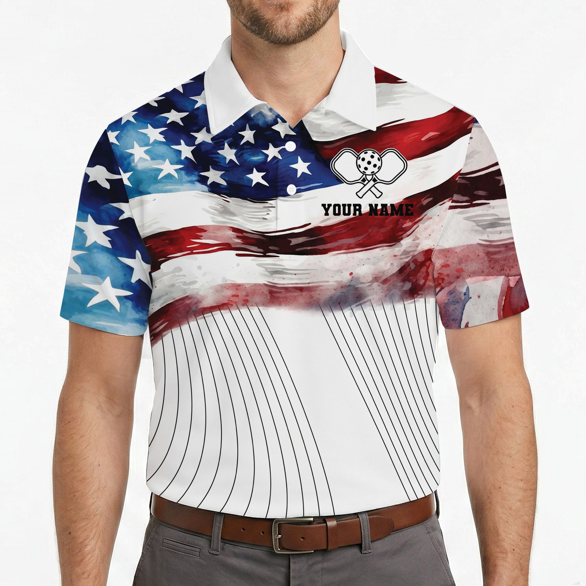 Patriotic watercolor flag pickleball polo with custom name variant 4
