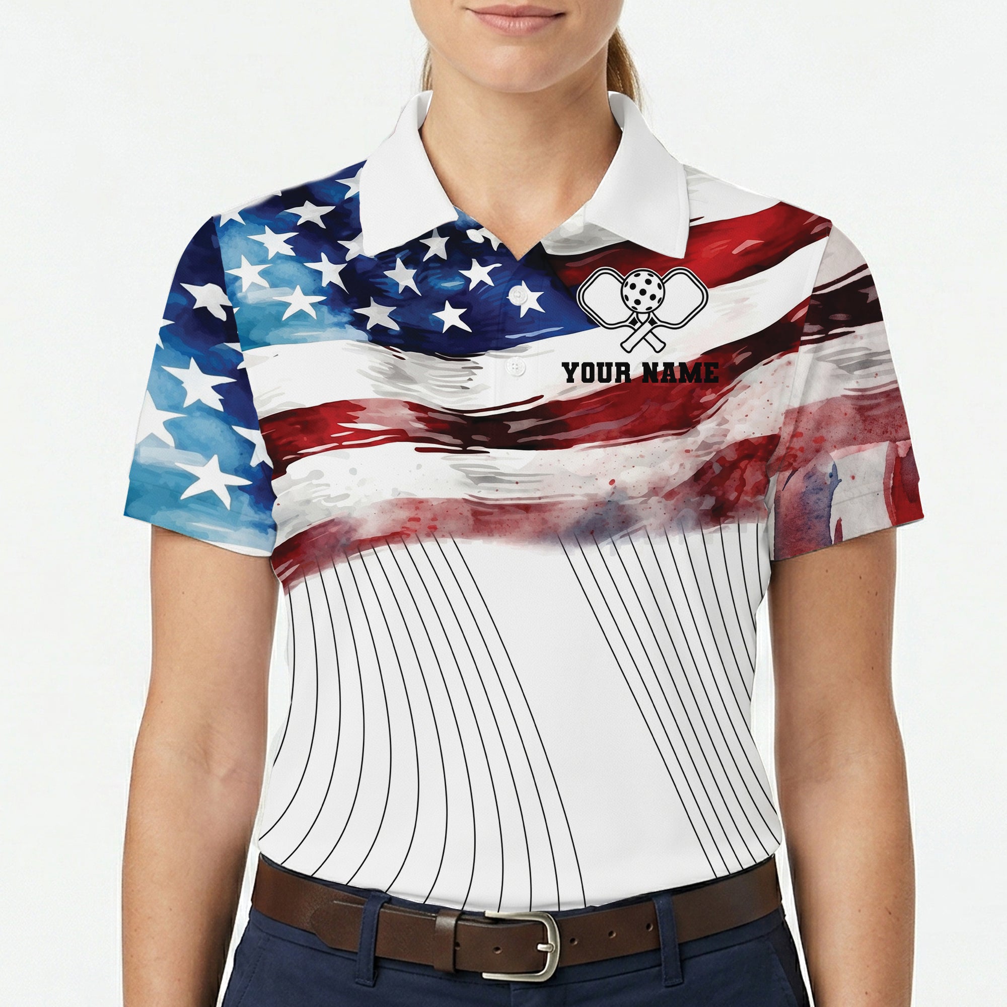 Patriotic watercolor flag pickleball polo with custom name variant 5