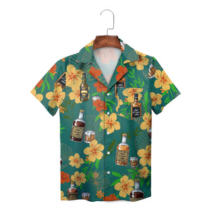 Teal Hawaiian shirt with whisky bottles and yellow hibiscus