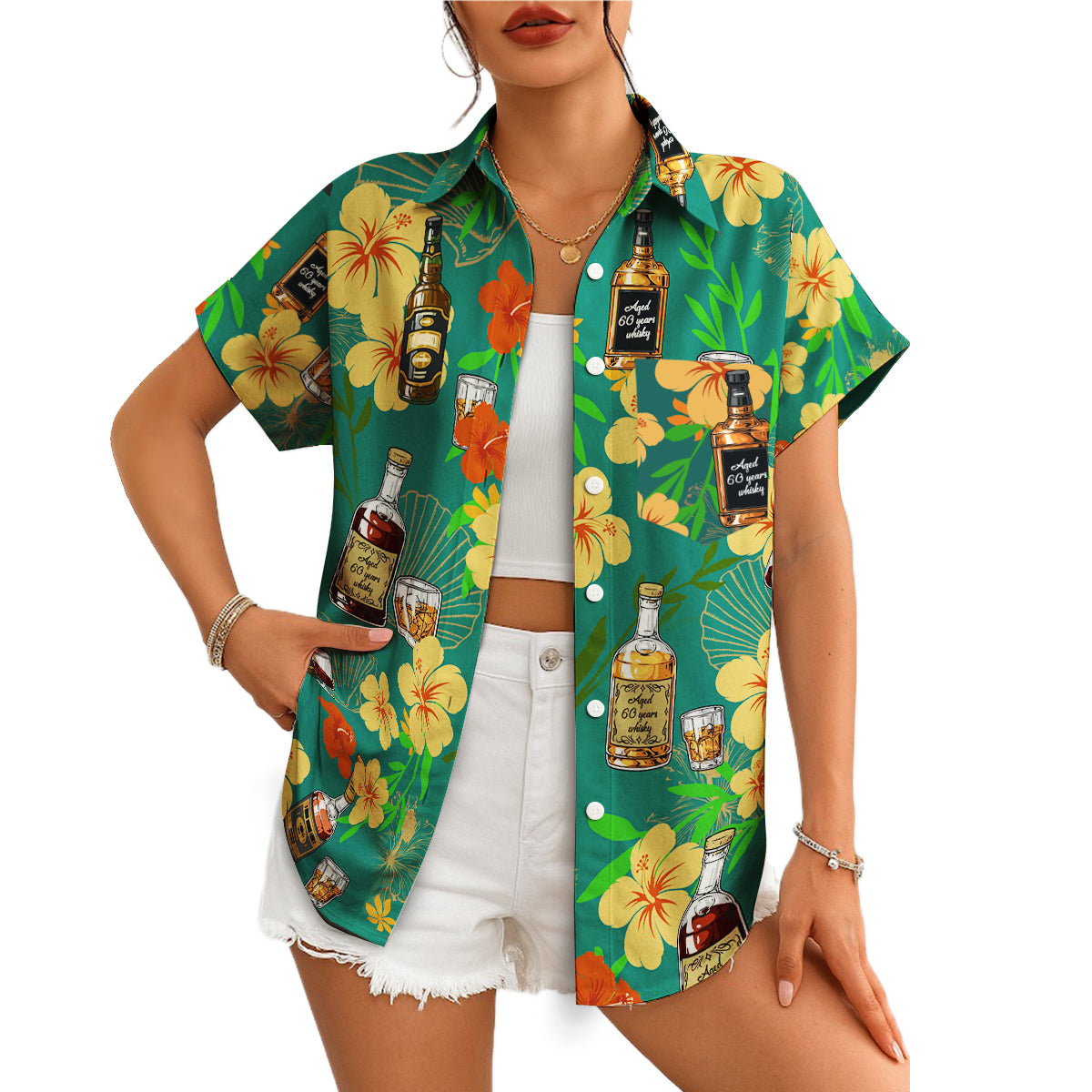 Teal Hawaiian shirt with whisky bottles and yellow hibiscus variant 4