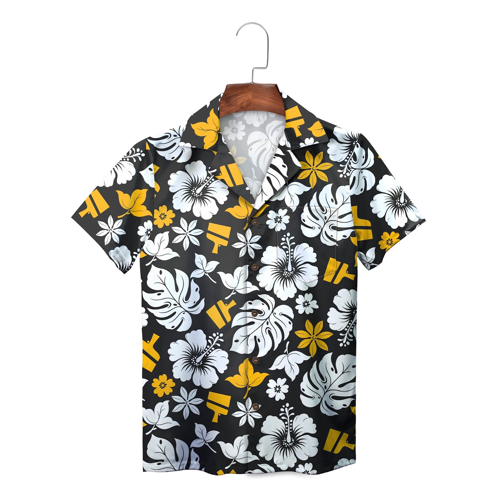 Black aloha shirt showing white blooms yellow brushes