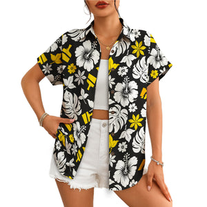 Black aloha shirt showing white blooms yellow brushes variant 4