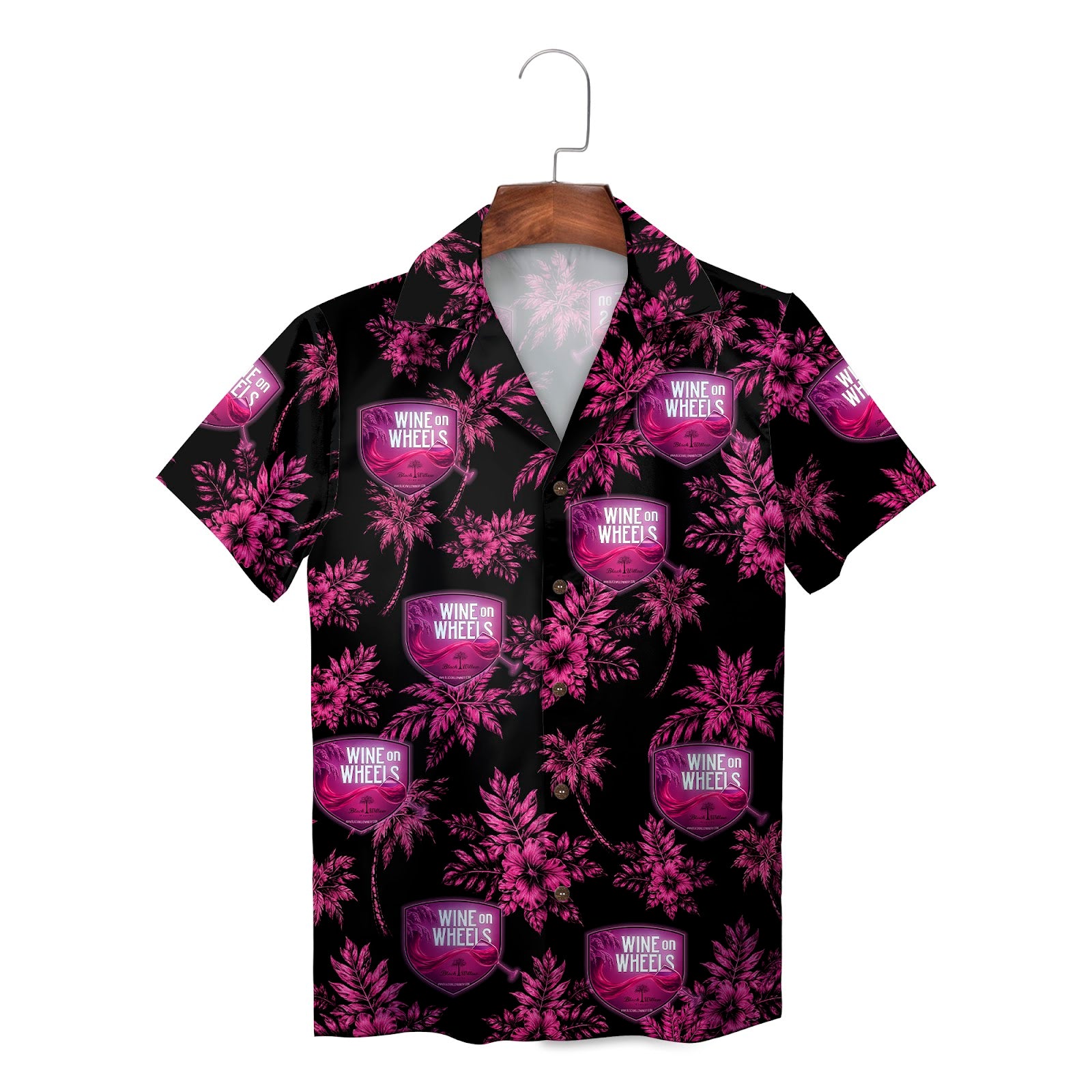 Black pink wine bottle grape vine button shirt on hanger variant 2