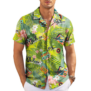 Green tropical shirt featuring vintage radios cassettes hibiscus variant 3