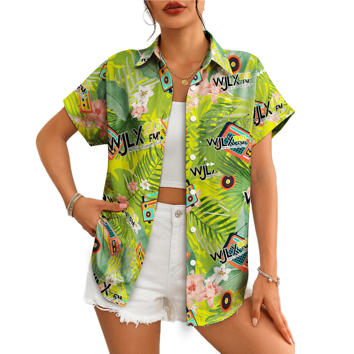 Green tropical shirt featuring vintage radios cassettes hibiscus variant 4