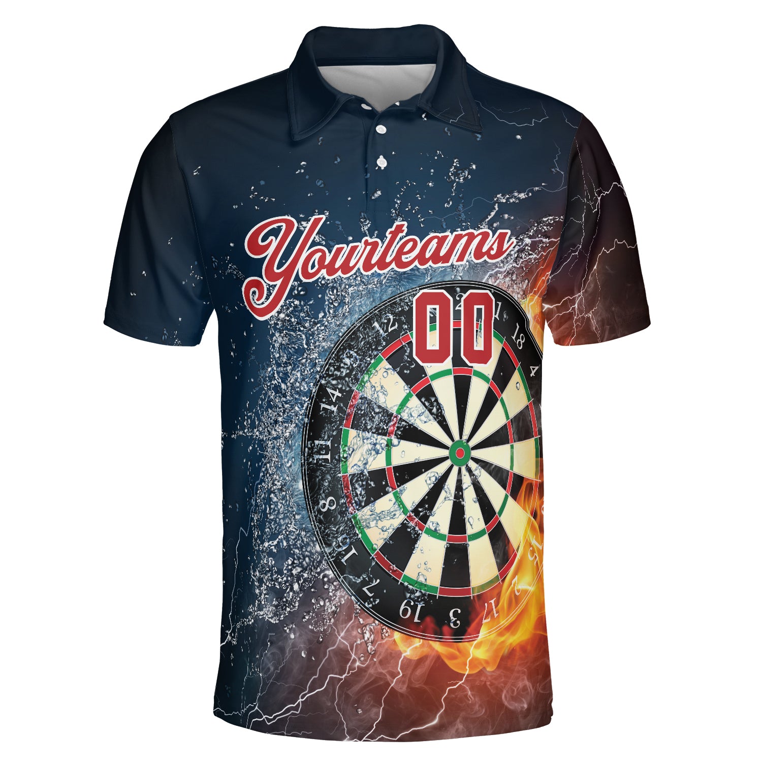 Navy polo showing dartboard between flames and water