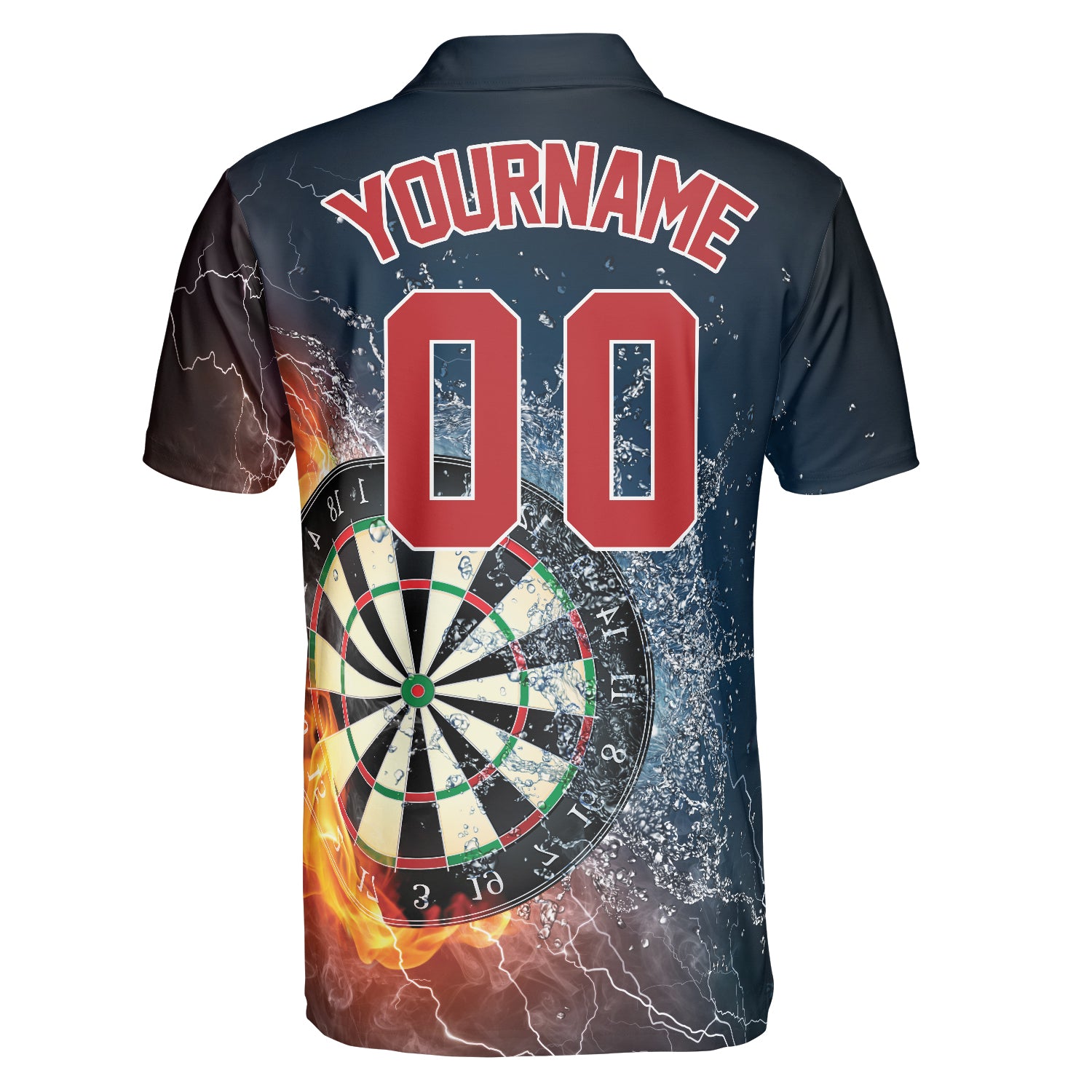 Navy polo showing dartboard between flames and water variant 2