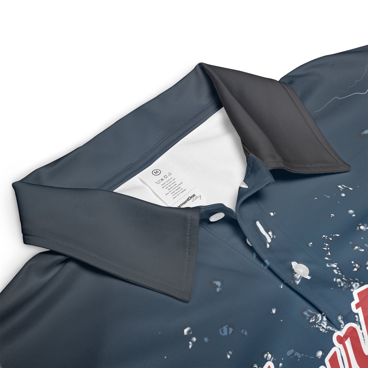 Navy polo showing dartboard between flames and water variant 3