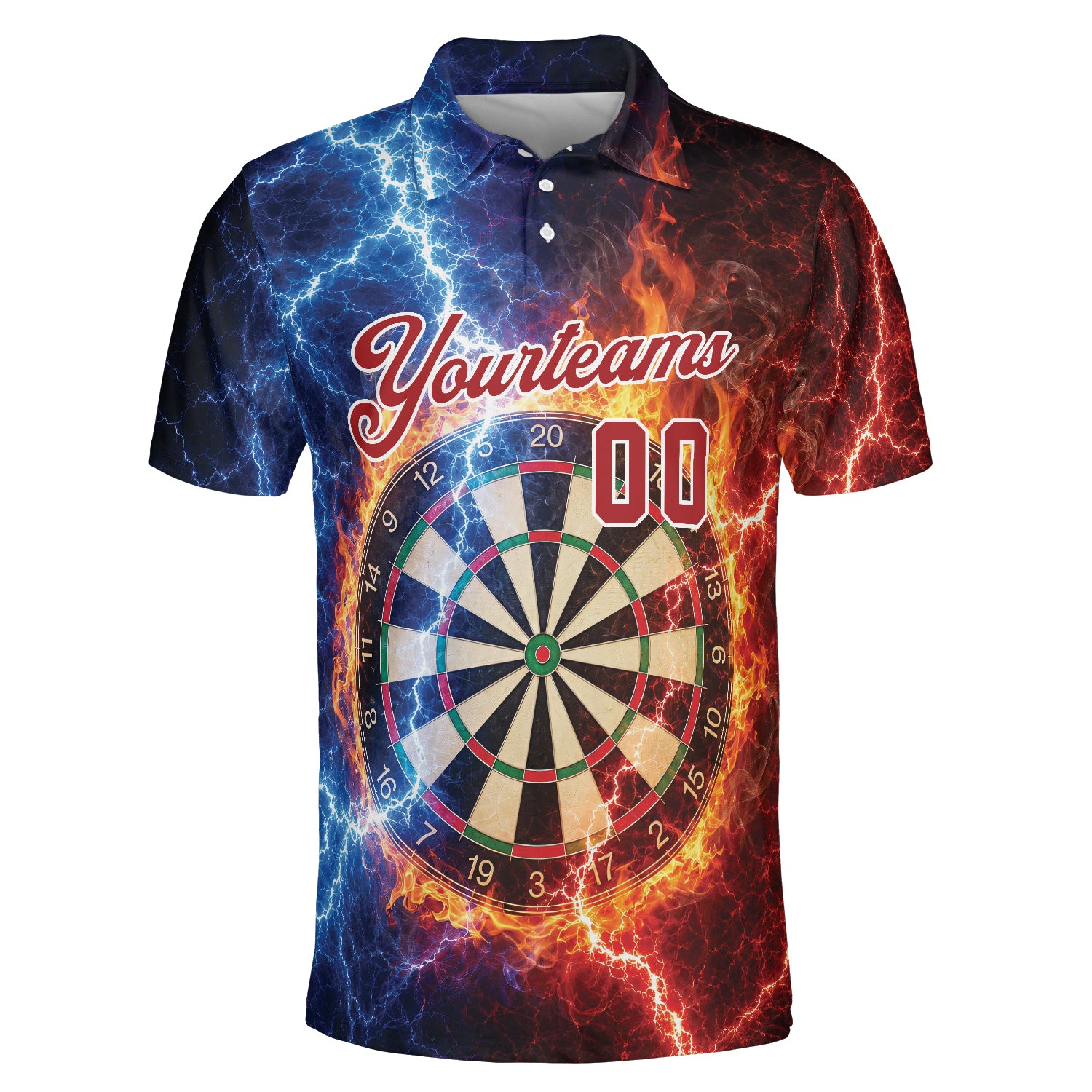 Polo shirt showing dartboard with flames and blue lightning