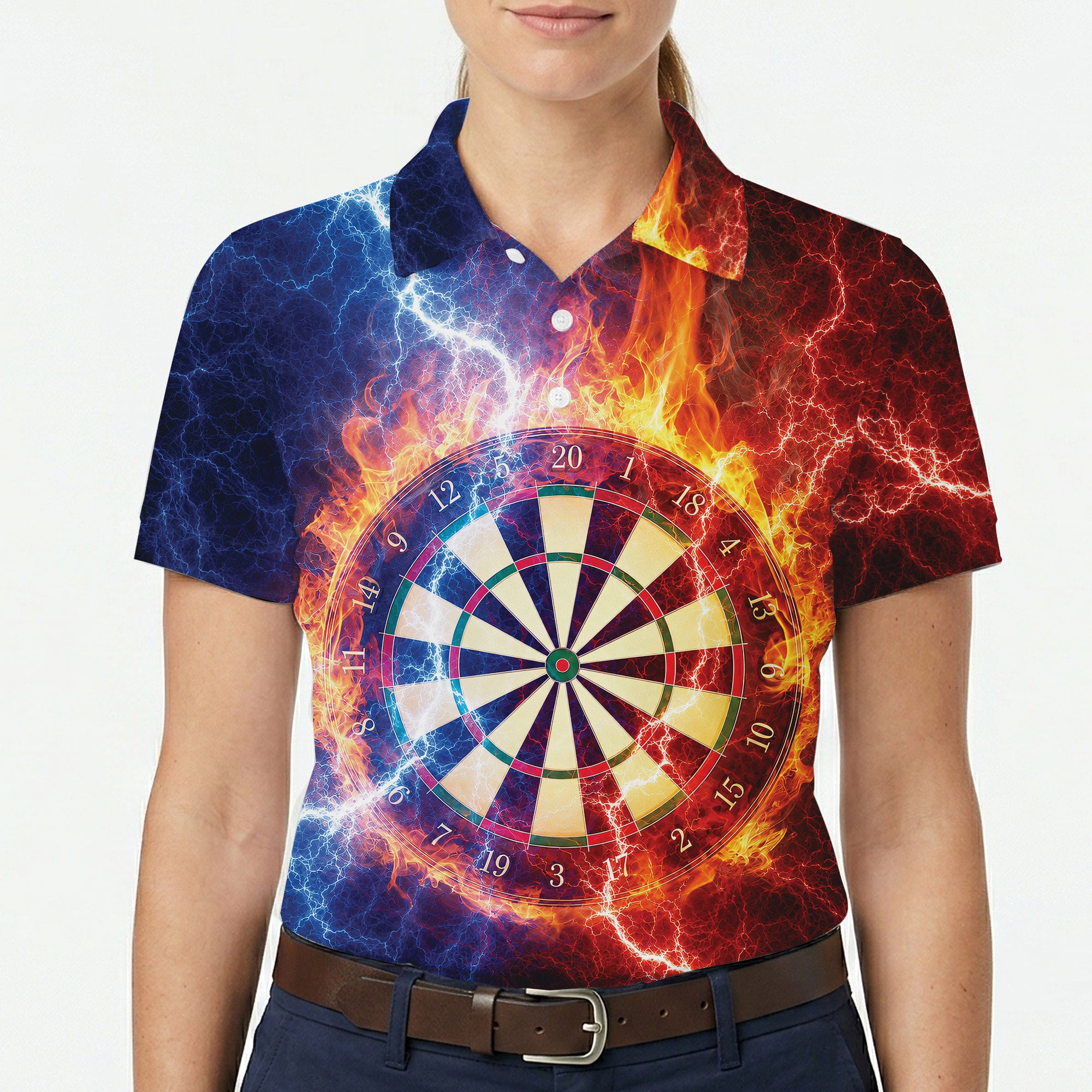 Polo shirt showing dartboard with flames and blue lightning variant 10