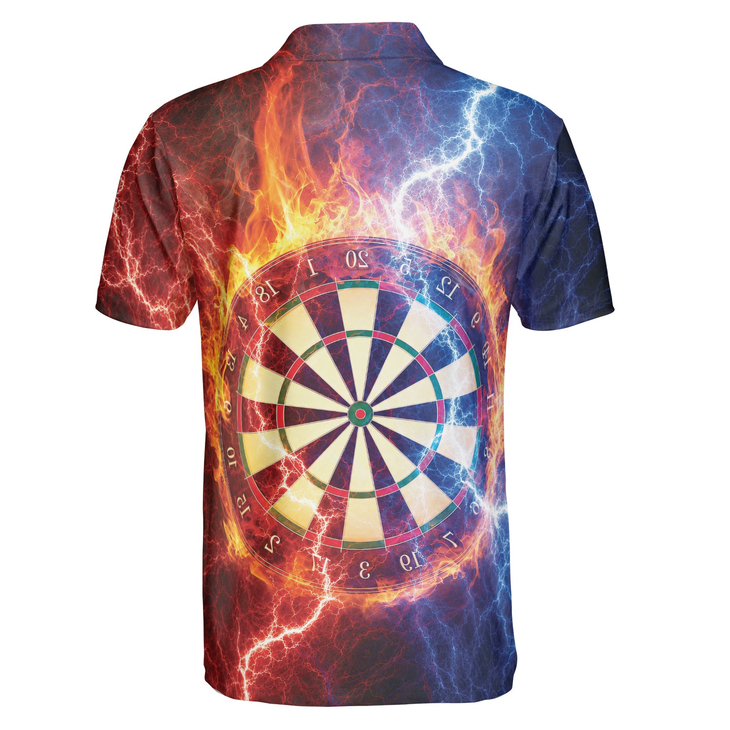 Polo shirt showing dartboard with flames and blue lightning variant 4