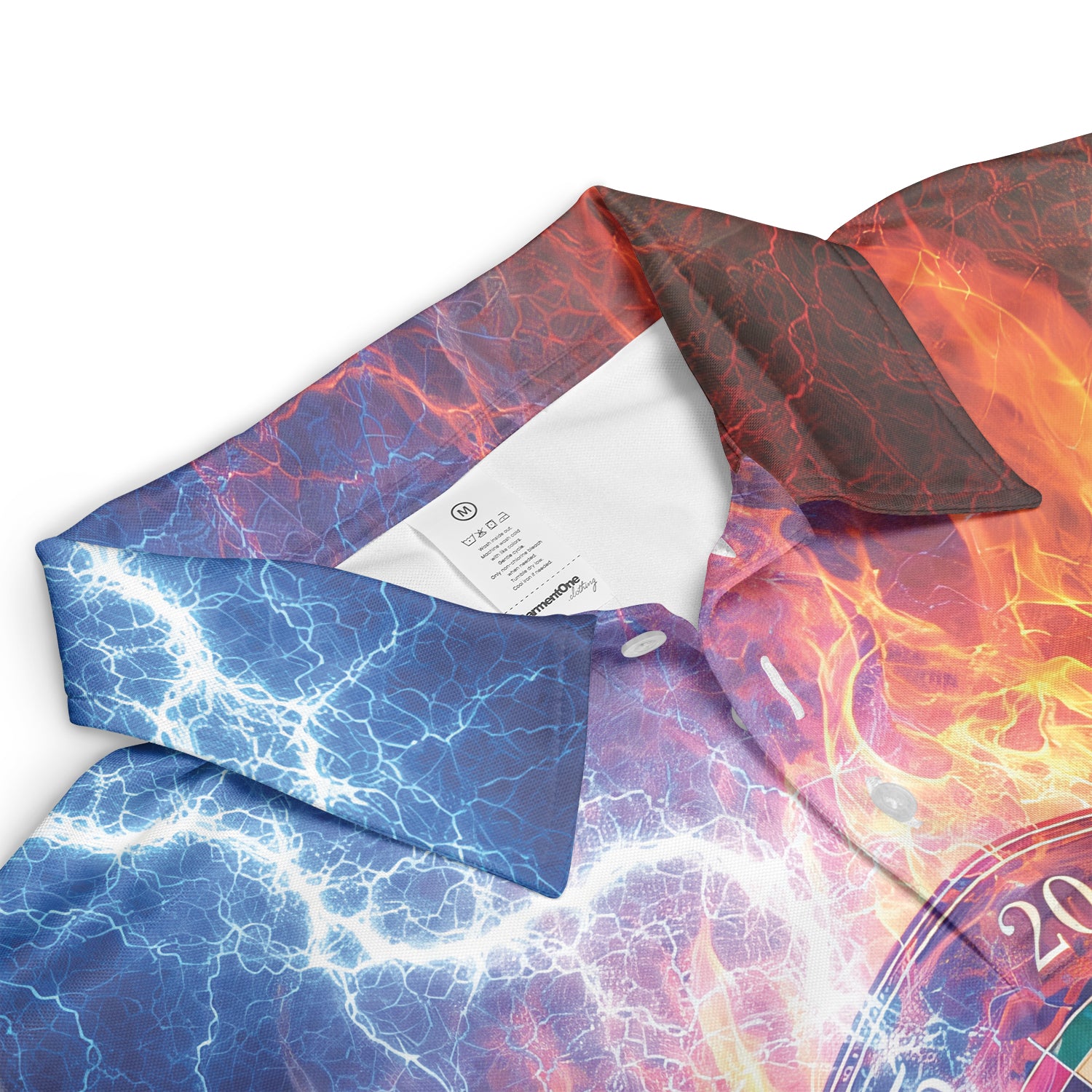 Polo shirt showing dartboard with flames and blue lightning variant 6