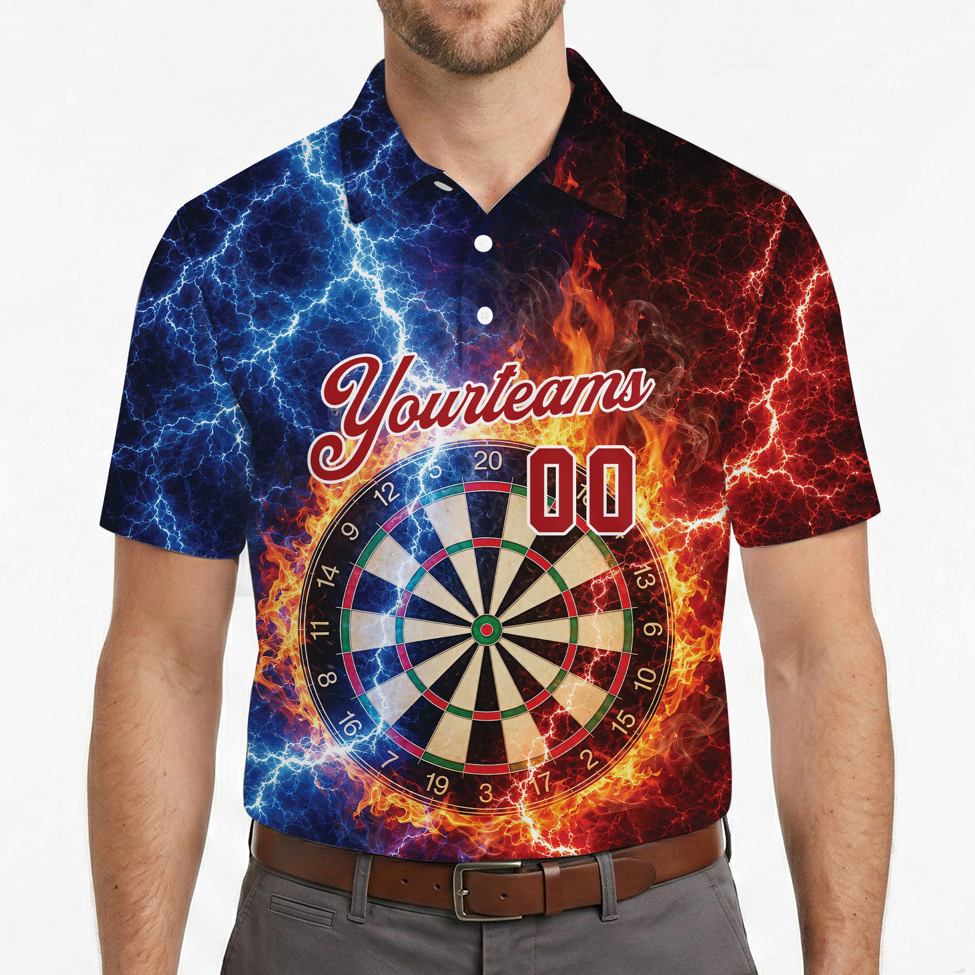 Polo shirt showing dartboard with flames and blue lightning variant 7