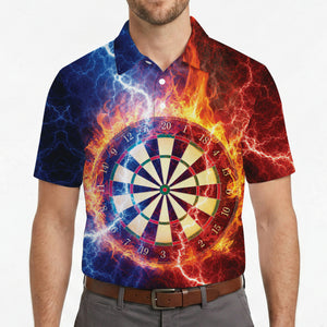 Polo shirt showing dartboard with flames and blue lightning variant 8