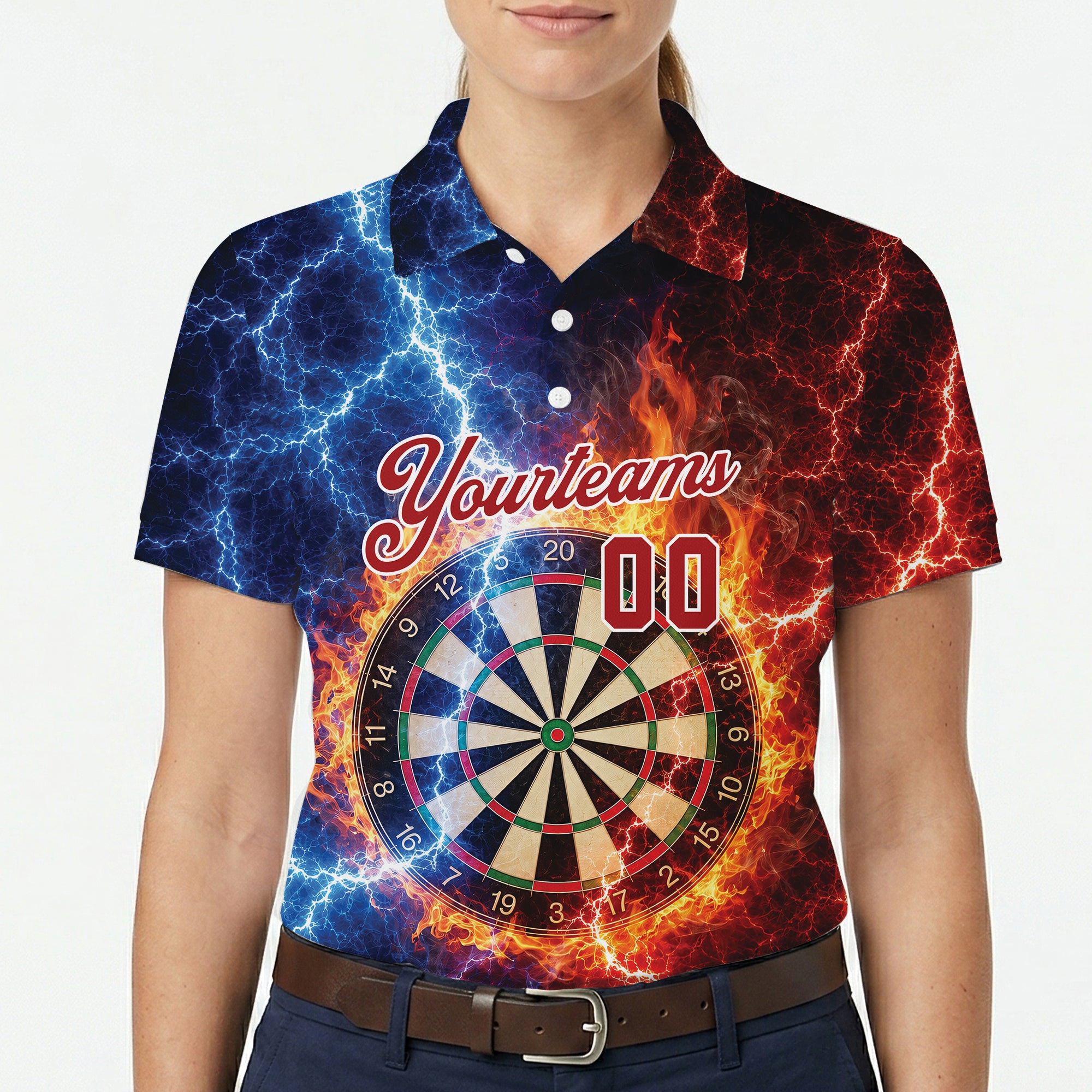Polo shirt showing dartboard with flames and blue lightning variant 9
